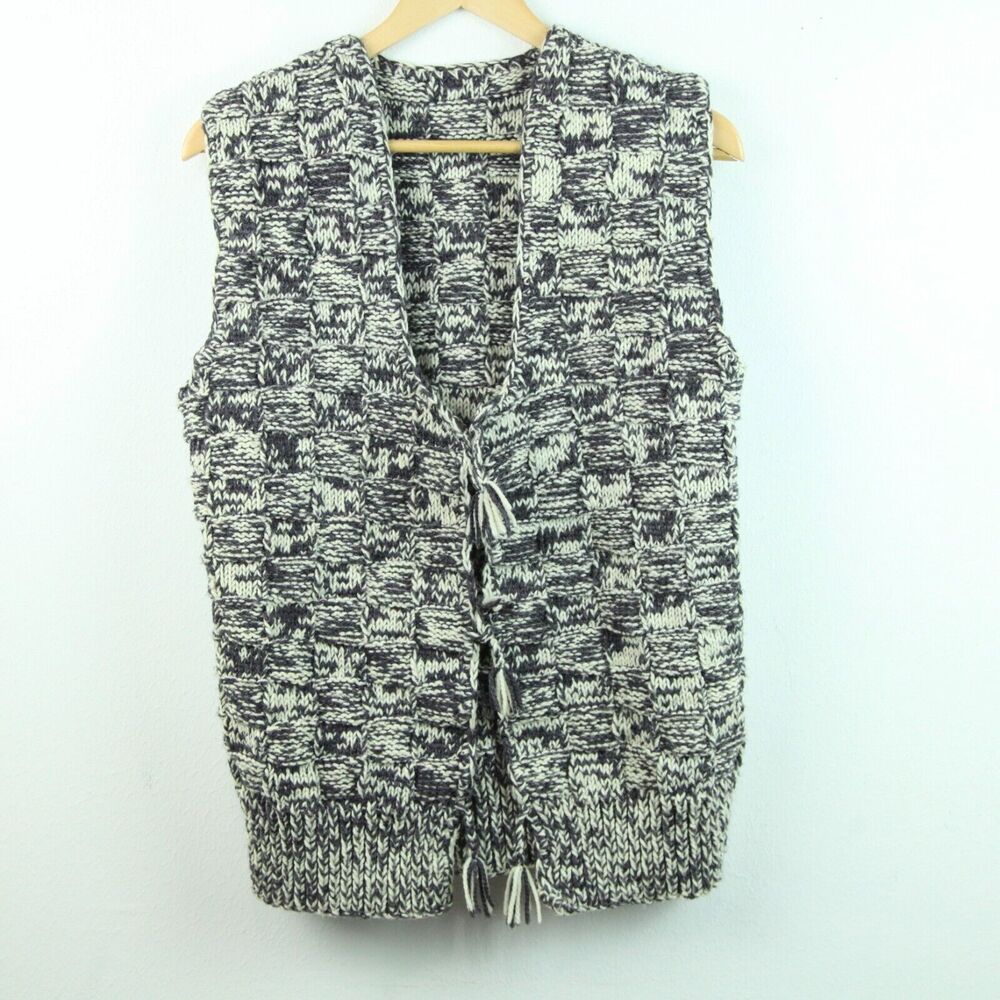 Handmade Knit Acrylic Vest Boho Chunky Hippy Grey Cream 38" M 70s Country Ski